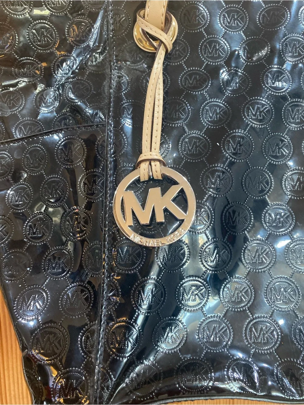 Michael Kors Black Patent Tote with Tan Handles & Outside Pockets